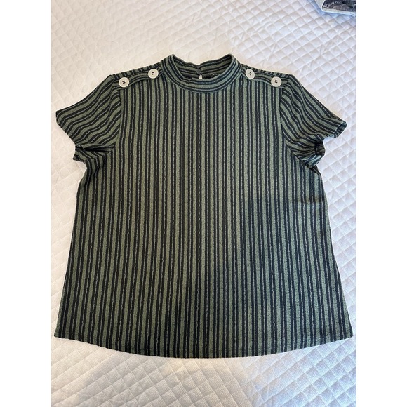 Cable & Gauge Tops - Cable & Gauge Women's Green & Black Striped Short Sleeve Mock Neck Top Size PXL